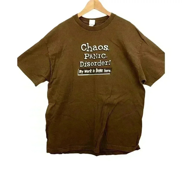 VTG Chaos Panic Disorder My Work is DONE Here Brown T-Shirt XL Y2K - Picture 1 of 6